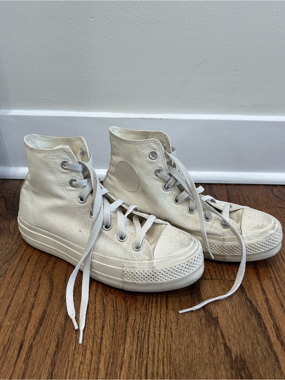 Converse off white cream monochrome platform high top sneakers